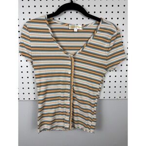 Sugar Moon Ribbed M Short Sleeve Striped Button Up V-Neck Lettuce Edge Y2K Boho
